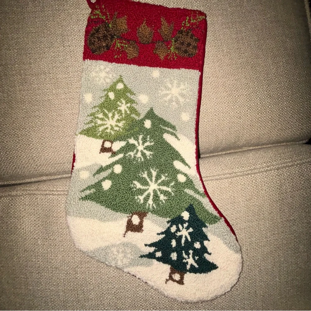 Festive Holiday Stocking Christmas Tree Design velvet backing punch embroidery
